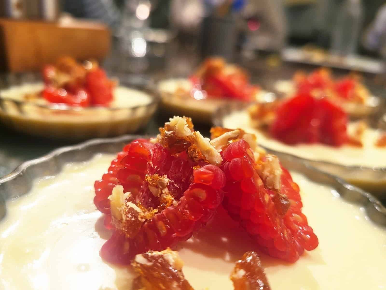 Panna cotta with raspberries and walnut praline - Just Cooking